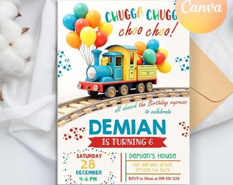 Invitación de cumpleaños en tren, invitación a fiesta en tren Chugga Chugga Choo Choo para cualquier edad, invitación de cumpleaños en tren, invitación de cumpleaños para chicos All Aboard