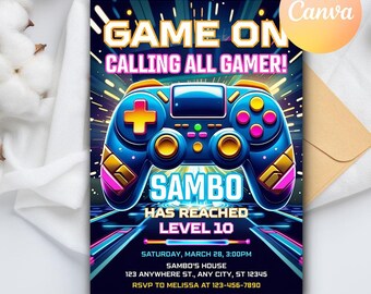 Video Game Birthday Party Invitation, Level Up Birthday Invite, Arcade Party Invite, Neon Glow Video Gamer Invite, Editable Canva Template