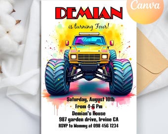 Monstertruck-Geburtstags-Party Einladung, Jungen-Geburtstags-Einladung, Monstertruck-Geburtstags-Einladung, Jungen-Lastwagen-Geburtstag