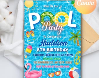 Puede incluir: Invitación a una fiesta en la piscina con fondo azul y elementos de piscina. El texto dice "Pool Party" y "8th Birthday" con detalles del evento. El logotipo de Canva es visible en la esquina superior derecha.