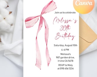 Pink Coquette 30th Birthday Invitation, Pink Bow Birthday Invitation, Pink Coquette Bow Invitation, Bow Invite, Pink Bow First Birthday