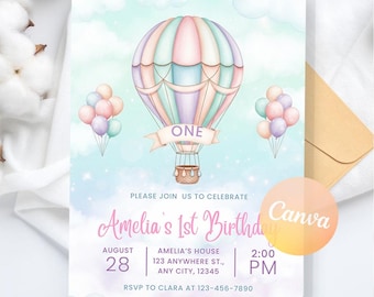 Pastel Rainbow Balloon Birthday Invitation, Girl Party Invite, Editable Canva Template, Digital Download