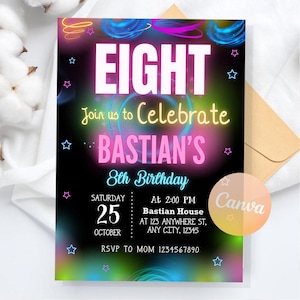 8th Birthday Party Invitation, Eight Birthday Invitation, Glow Birthday invite, Neon invitation Digital Download, Editable Canva Template