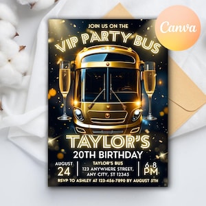 Bearbeitbare VIP-Partybus-Einladung, Bus-Geburtstagsfeier-Einladung, Limo-Party einladen, Party-Bus-Einladung Glow Light bearbeitbare Canva-Vorlage