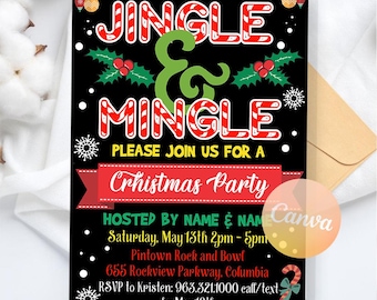 May include: A festive Christmas party invitation with the words "Jingle & Mingle" in red and white candy cane style lettering on a black background. The invitation includes event details and a candy cane graphic.