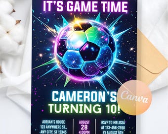 Neon Soccer Invitation, Neon Soccer Invite, Sports Invitation, Football Invite, Sneakerball Birthday Digital Invite, Editable Canva Template