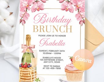 Birthday Brunch Invitation, Brunch Flyer Birthday Invitation, Champagne Party, Pancake Flyer, Brunch Party Invite, Editable Canva Template