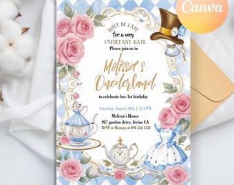 May include: A blue and white invitation with a whimsical Alice in Wonderland theme. It features a teacup, teapot, and a Mad Hatter hat. The text reads "Don't be late for a very important date. Please join us in Melissa's Onederland to celebrate her 1st birthday. Saturday, August 10th | @4PM. Melissa's House 987 garden drive, Irvine CA. RSVP to Mommy at 098 456 1234."