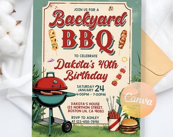 BBQ Chill and Grill verjaardagsuitnodiging, achtertuin BBQ-feestuitnodiging, digitale verjaardagsuitnodiging elke leeftijd, BBQ-uitnodiging, bewerkbare canva-sjabloon