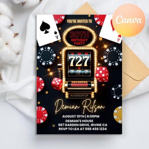 Bearbeitbare Kasino-Geburtstagseinladung, 30.40.50.Poker-Geburtstagsfeier, Kasino-Geburtstag, Ace-Plying-Karten, Kasino-Nacht, Kasino-Ruhestand