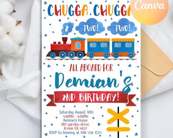 Convite de trem, Chugga Chugga Two Two Birthday Invitation, convite de 2º aniversário, convite de aniversário de trem, convite com tema de menino