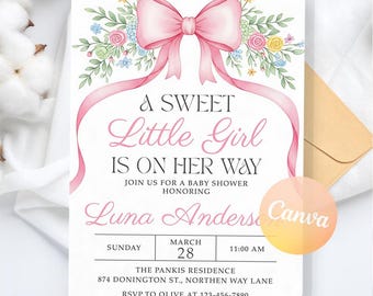 Pink Bow Baby Shower Invitation, Floral Girl Coquette Baby Shower Invitation, Flower Bow Girl Baby Shower Invite, Editable Canva Template