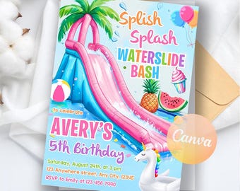 Water Slide Birthday Invitation, Water Slide Invitation, Summer Pool Party, Girl Splash Party Printable Invitation, Editable Canva Template