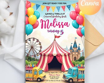 Carnival Birthday Invitation, Circus Birthday Invitation, Carnival Invitation, Circus Birthday Come One Come All Birthday Invites, circus