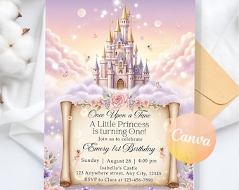 Può includere: Un invito di compleanno a tema principessa con un castello delle fiabe, farfalle e decorazioni floreali. Il testo recita: "Once Upon a Time, A Little Princess is turning One!" con i dettagli dell'evento.