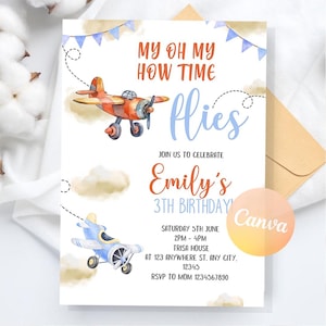 Airplane Birthday Invitation, Time Flies 1st Birthday Invitation, Pilot Birthday Invite, Airplane Digital Download, Editable Canva Template