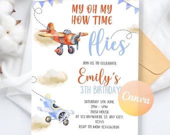 Invitación de cumpleaños de avión, invitación para el primer cumpleaños de "El tiempo vuela", invitación de cumpleaños de piloto, descarga digital de avión, plantilla editable de Canva