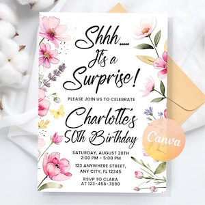 Shhh It&#39;s a Surprise Invitation, Wildflower Surprise Birthday Invite, 30th 40th 50th 60th Floral Garden Party Invite,Editable Canva Template