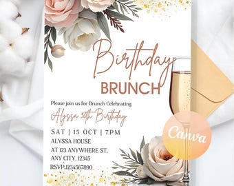 Brunch verjaardagsuitnodiging, verjaardagsbrunch flyer verjaardag, brunchuitnodiging, brunchfeest uitnodiging digitale download, bewerkbare canva-sjabloon