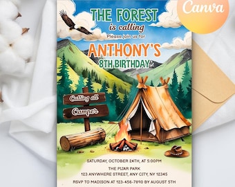 Camping Birthday Invitation Template, Camping Party Invitation, Camp Birthday, Under The Stars, Boy Campout, Smores Party, Instant Download