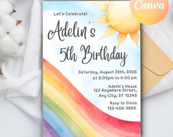 Editable Rainbow Birthday Invitation, Watercolor Rainbow Colorful Party Invite, Girls Party Invites, Digital Invite, Editable Canva Template