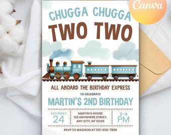 Train Birthday Invitation, Train Party Invitation, Chugga Chugga Two Two 2nd Birthday Boy Invite, Second Birthday, Editable Canva Template