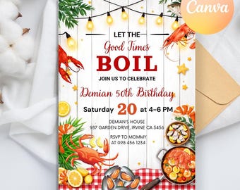 Bearbeitbares Langusten-Gekochen einladen, Einladung zur Geburtstags-Party mit Meeresfrüchten, Einladung zur Meerestier-Gekochen-Party, Einladung zu jedem Alter