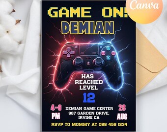Video Game Party Invitation, Gamer Girl Birthday Party, Glow Game Party, Level Up invite, Editable Video Game Birthday Invitation