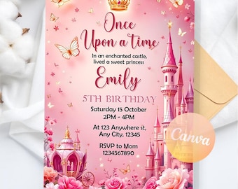 Royal Princess Birthday Invitation, Once Upon A Time Castle Birthday Invitation, Castle Invites, Instant Download, Editable Canva Template