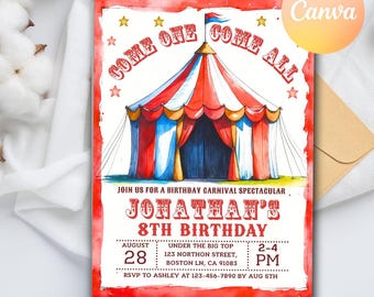 Carnival Birthday Invitation, Circus Birthday Invitation, Carnival Invitation, Carnival circus, Printable Digital Editable Canva Template