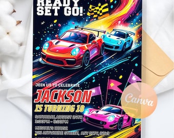 Invitación de cumpleaños de coche de carreras, invitación para niños, invitación de cumpleaños de coche, descarga instantánea, plantilla editable de Canva