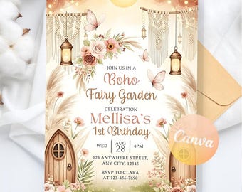 Faire-part premier anniversaire fée, fille 1er anniversaire, invitation anniversaire fée jardin Boho, téléchargement numérique, modèle de toile modifiable