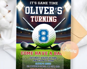 Convite de aniversário de golfe, convite de aniversário de golfe, convites para festa de aniversário de golfe, download instantâneo de golfe, modelo editável do Canva