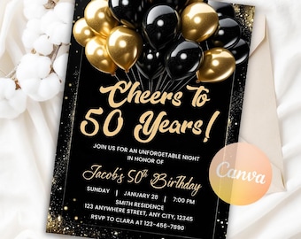 Editable 50th Birthday Invitation For Men, 50th Birthday Invitation, Gold Black Digital 50th Glam Dinner Invite, Printable Canva Template