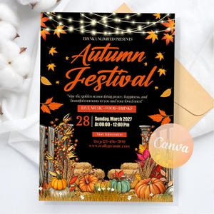Puede incluir: Una invitación al Festival de Otoño sobre un fondo negro, con hojas naranjas y amarillas, calabazas y balas de heno. El texto dice "Festival de Otoño" con los detalles del evento, incluyendo la fecha, hora e información de RSVP. Una cadena de luces en la parte superior.