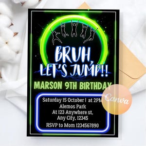 Trampoline Park Birthday Invitation, Let&#39;s Jump Birthday Party Invite, Teen Jump Party, Gymnastics Digital Download, Editable Canva Template