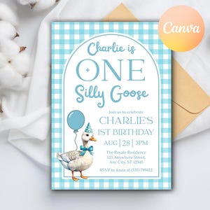 Editable One Silly Goose Birthday Invitation, 1st Birthday One Silly Goose Invite, Green One Silly Goose Birthday, Editable Canva Template