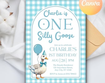 Editable One Silly Goose Birthday Invitation, 1st Birthday One Silly Goose Invite, Green One Silly Goose Birthday, Editable Canva Template