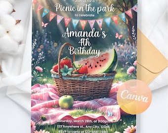 Picnic In the Park Birthday Invitation, Picnic Birthday Party, Girl Sweet Summer Picnic Party, Picnic Digital Invite,Editable Canva Template