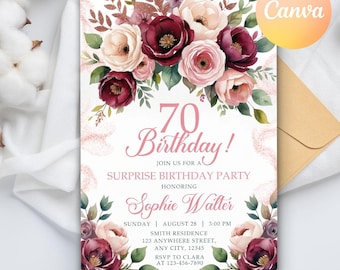 70th Birthday invitation for women, Surprise 70th Birthday Invitations for Women, Floral Surprise Birthday Party Invite Digital Template