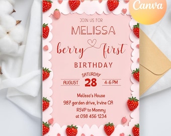 Berry First Birthday Digital Invitation, Berry First Birthday Invitation, Pink Gingham Berry First Birthday Invitation, Strawberry 1st bday