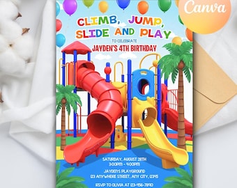 Editable Playground Birthday Invitation, Party in the Park Outdoor Birthday Invite, Park Party, Run Jump Slide Play, Editable Canva Template