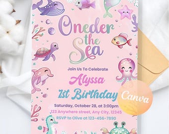 Oneder the Sea Birthday Invitation, 1st Birthday Invitation, Ocean Animals Girls Under the Sea Invite, Ocean Party, Editable Canva Template