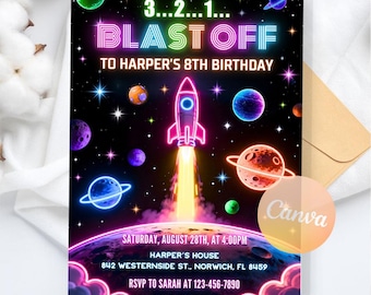 Invitación de cumpleaños espacial, fiesta de despegue de galaxia neón, descarga digital, plantilla editable de Canva