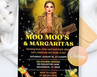 Moo Moos and Margaritas Invitation, Ladies Night Glam Party, Leopard Pajama Girls Day Invite, Digital Download, Editable Canva Template