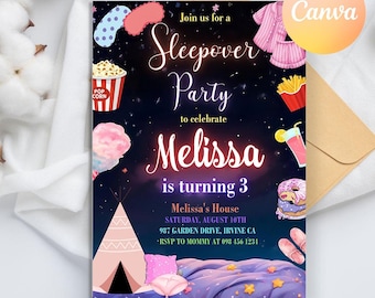 Sleepover Birthday Invitation, Slumber Party invitation, Pajama Party Invitation, Teen Girl Slumber Sleepover Party Invite, Retro Neon Light