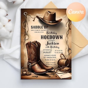 Invito per festa di compleanno Western Hoedown, invito di compleanno stampabile per cowboy, sali in sella e mettiti gli stivali, invito modificabile per cowboy