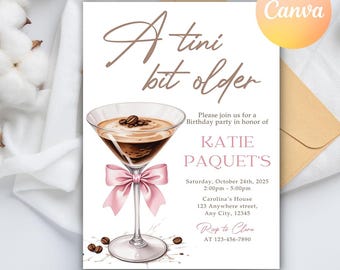 A Tini Bit Older Birthday Party Invitation, EDITABLE Pink Bow Martini Themed Birthday Invite, Coquette Dirty Thirty, Editable Canva Template