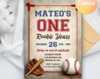 Baseball Birthday Invitation, Baseball First Birthday Invitation, Rookie Of The Year Invite, Baseball  Party Invite, Editable Canva Template