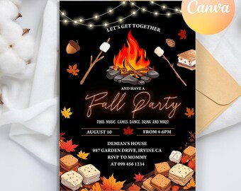 Fall party invitation, Fall Harvest Party Invitation, Fall Neighborhood Party, Bonfire invitation, Autumn Picnic Invite, Fall Fest invites